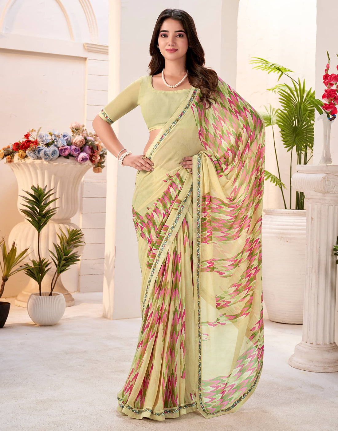 Light Yellow Georgette Geometric Printed Saree