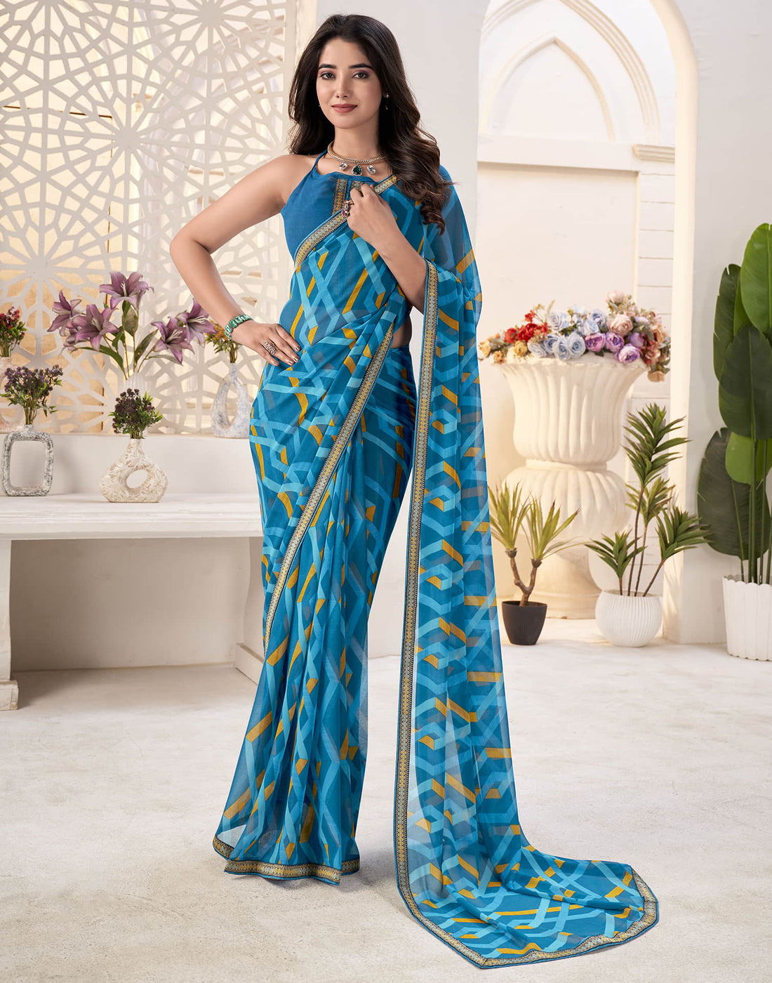 Teal Blue Georgette Geometric Printed Saree