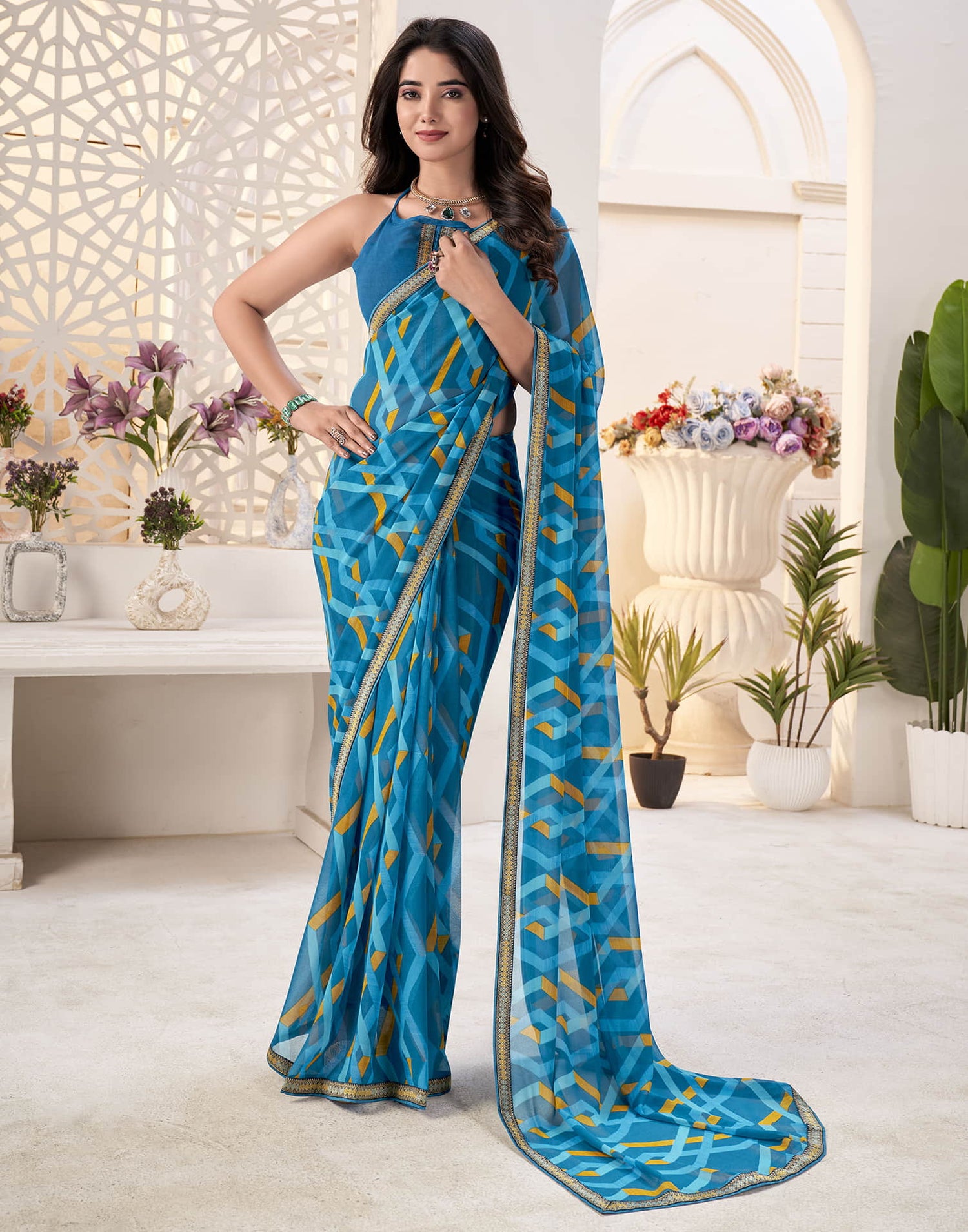 Teal Blue Georgette Geometric Printed Saree