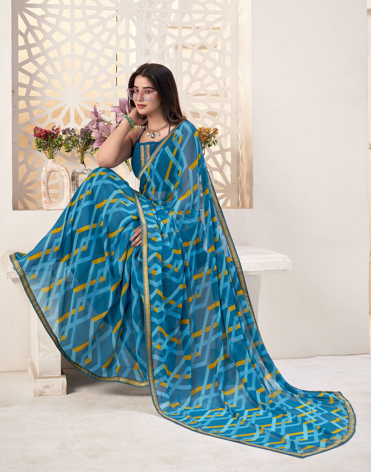 Teal Blue Georgette Geometric Printed Saree