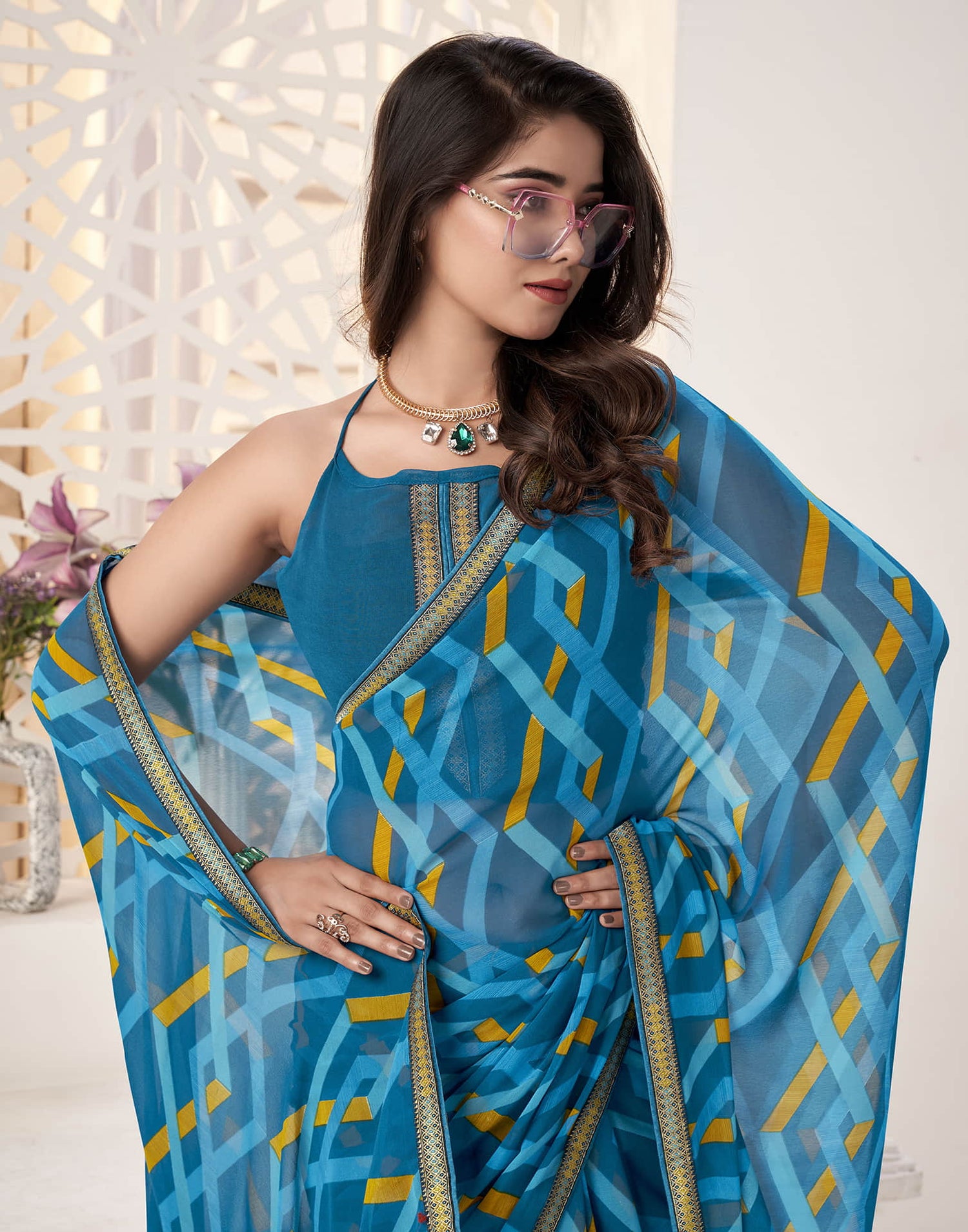 Teal Blue Georgette Geometric Printed Saree