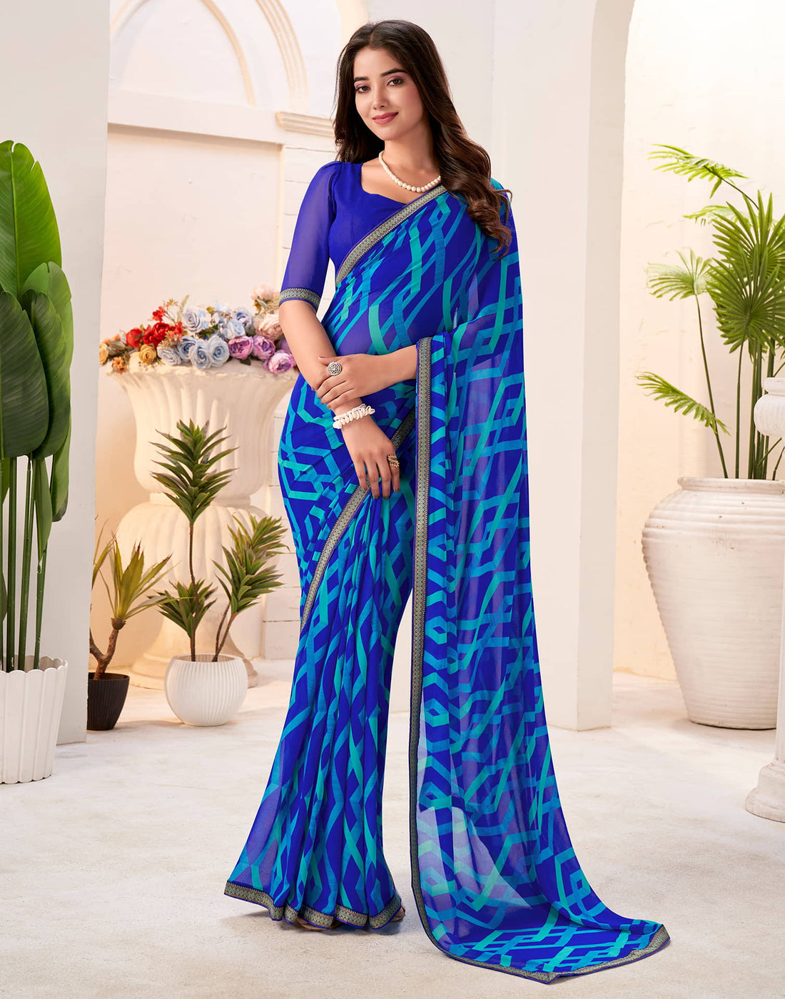 Dark Blue Georgette Geometric Printed Saree