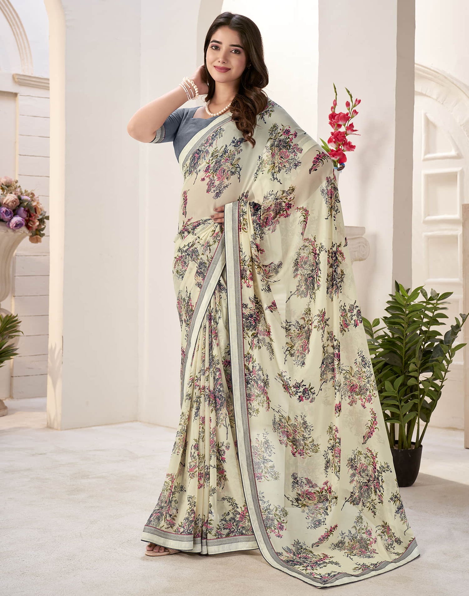 Cream Georgette Printed Saree