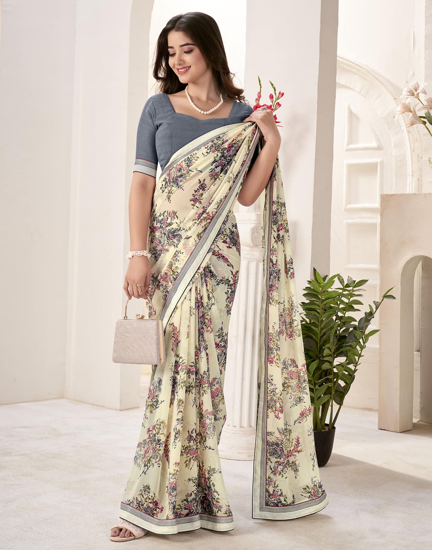 Cream Georgette Printed Saree