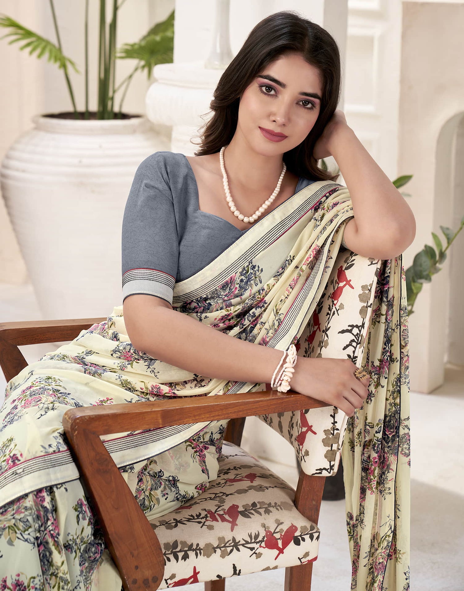 Cream Georgette Printed Saree