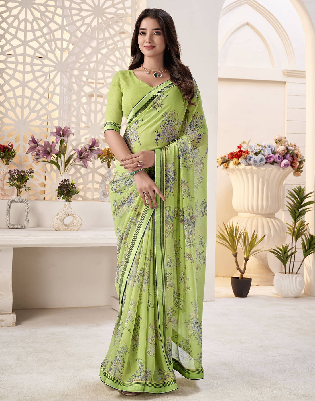 Light Green Georgette Printed Saree