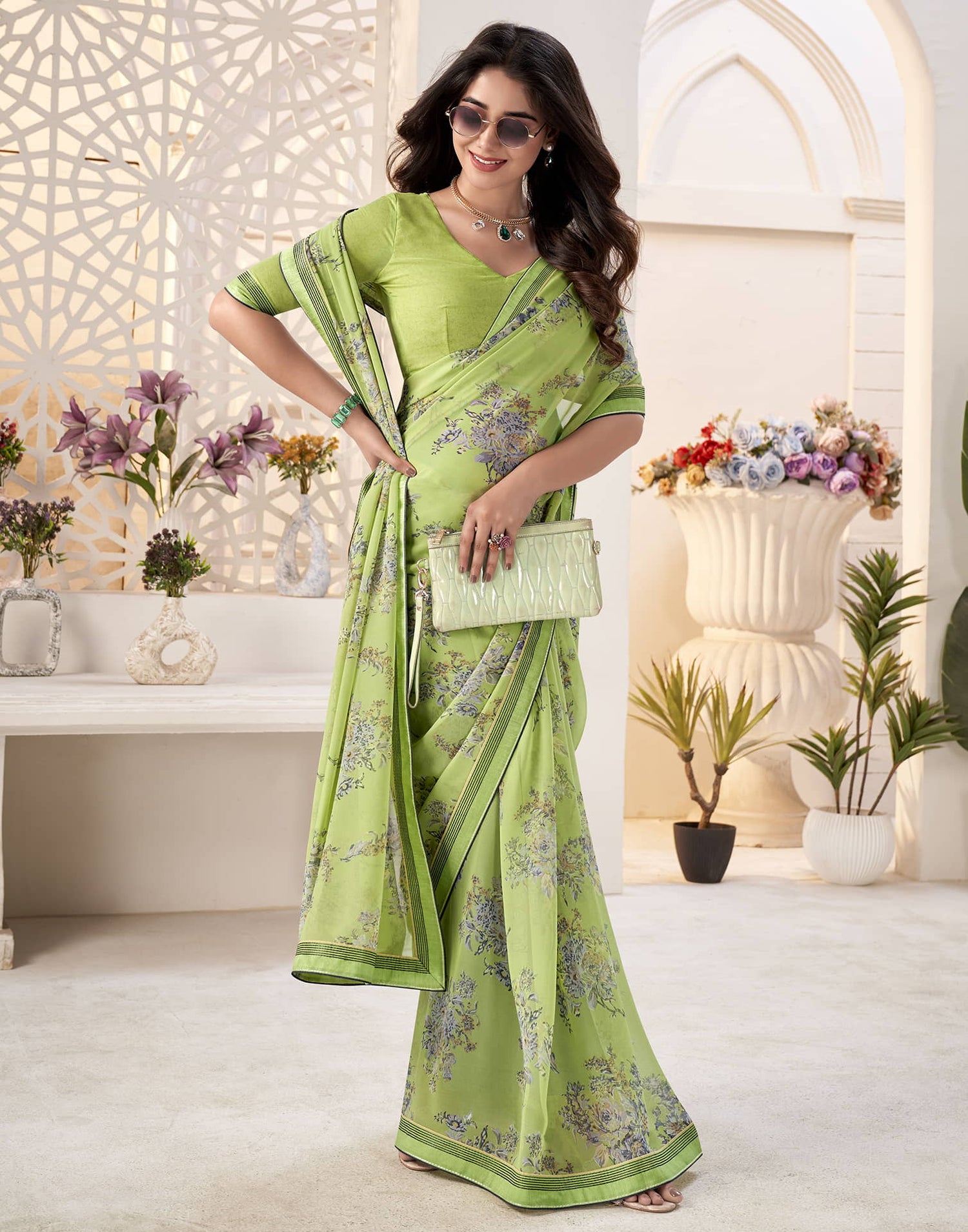 Light Green Georgette Printed Saree