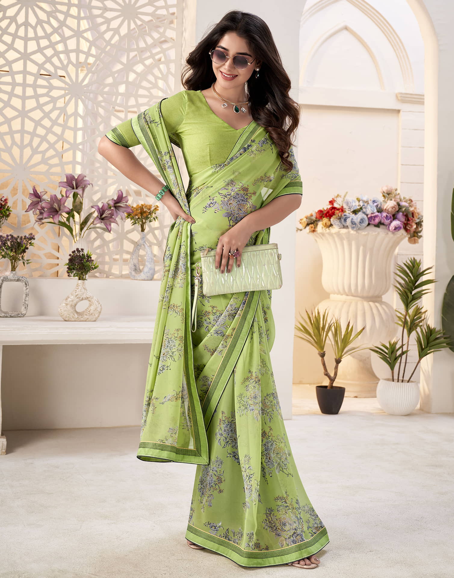 Light Green Georgette Printed Saree