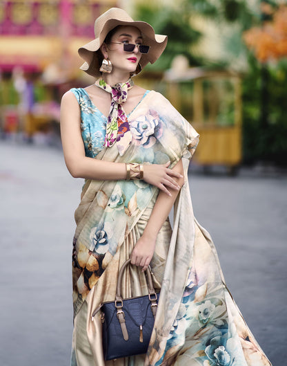 Off White Silk Printed Saree