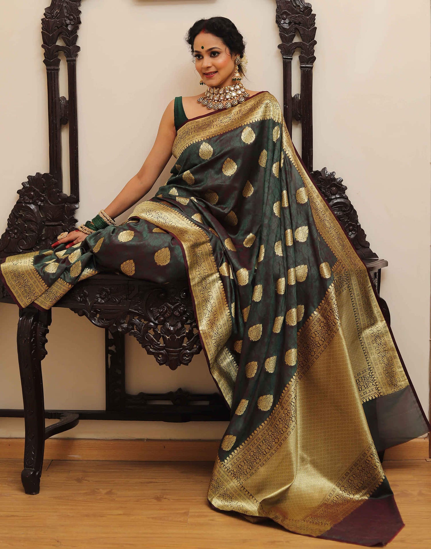 Dark Green Silk Woven Kanjivaram Saree