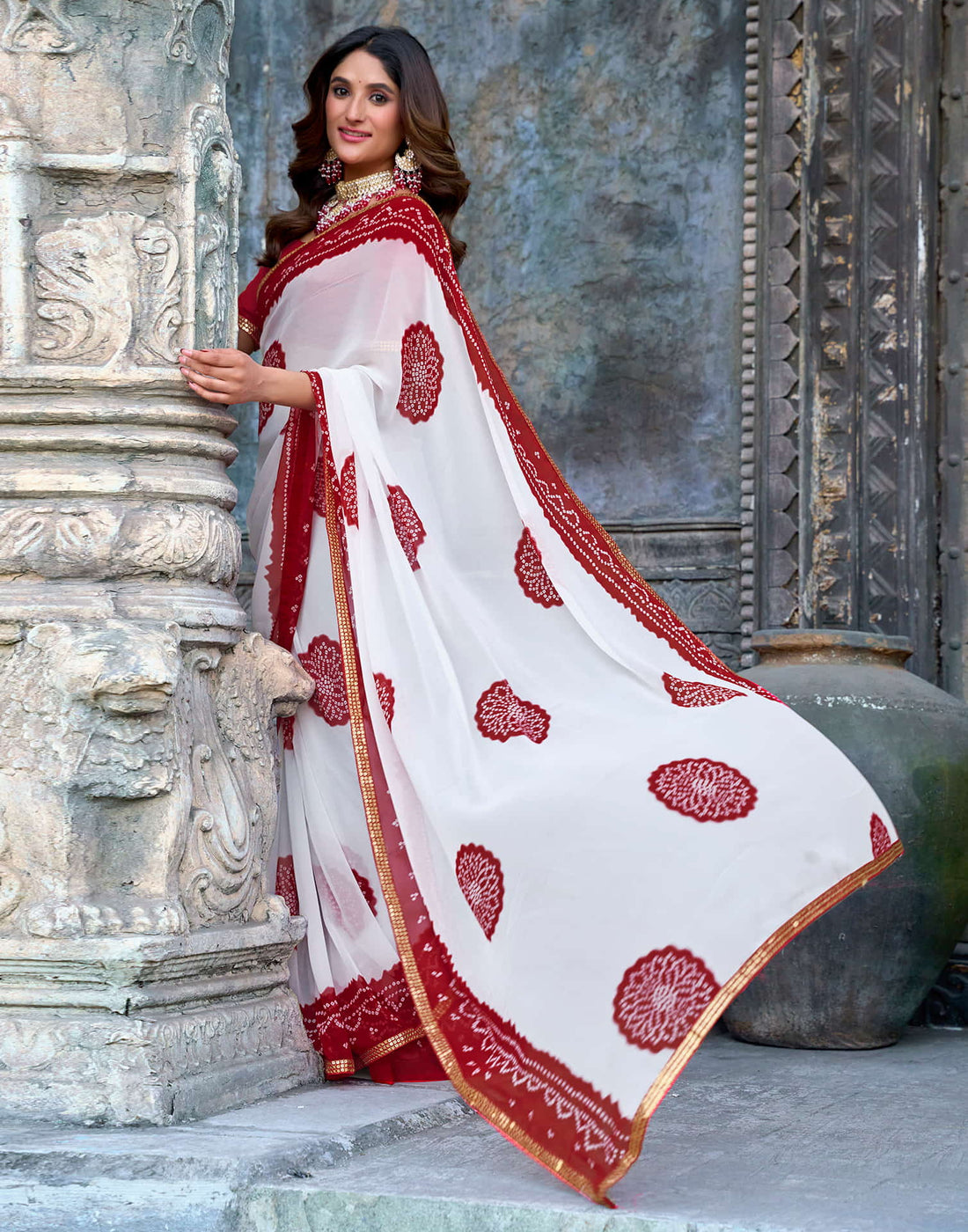 White Georgette Printed Bandhani Saree