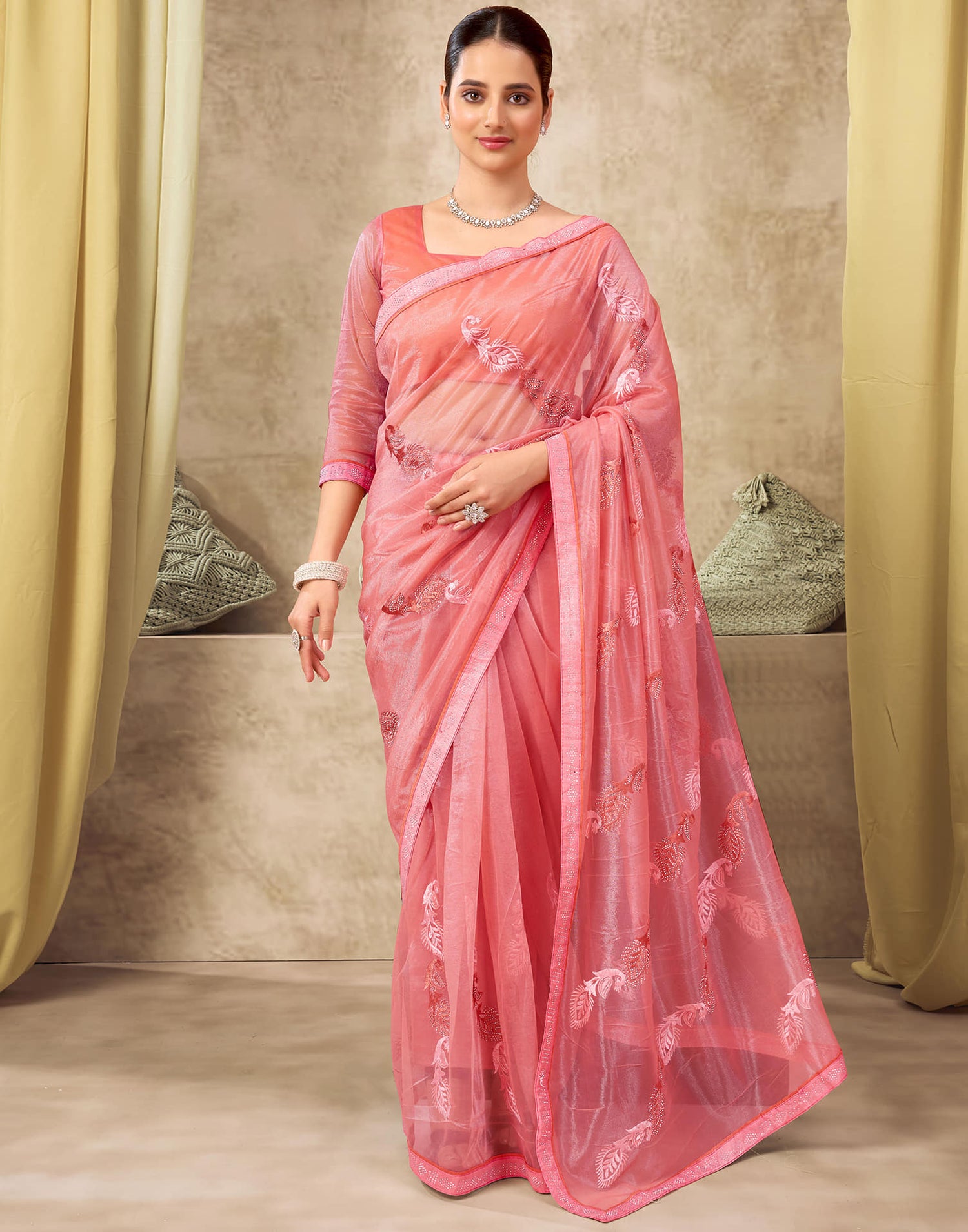 Light Peach Shimmer Stone Work Embroidery Saree