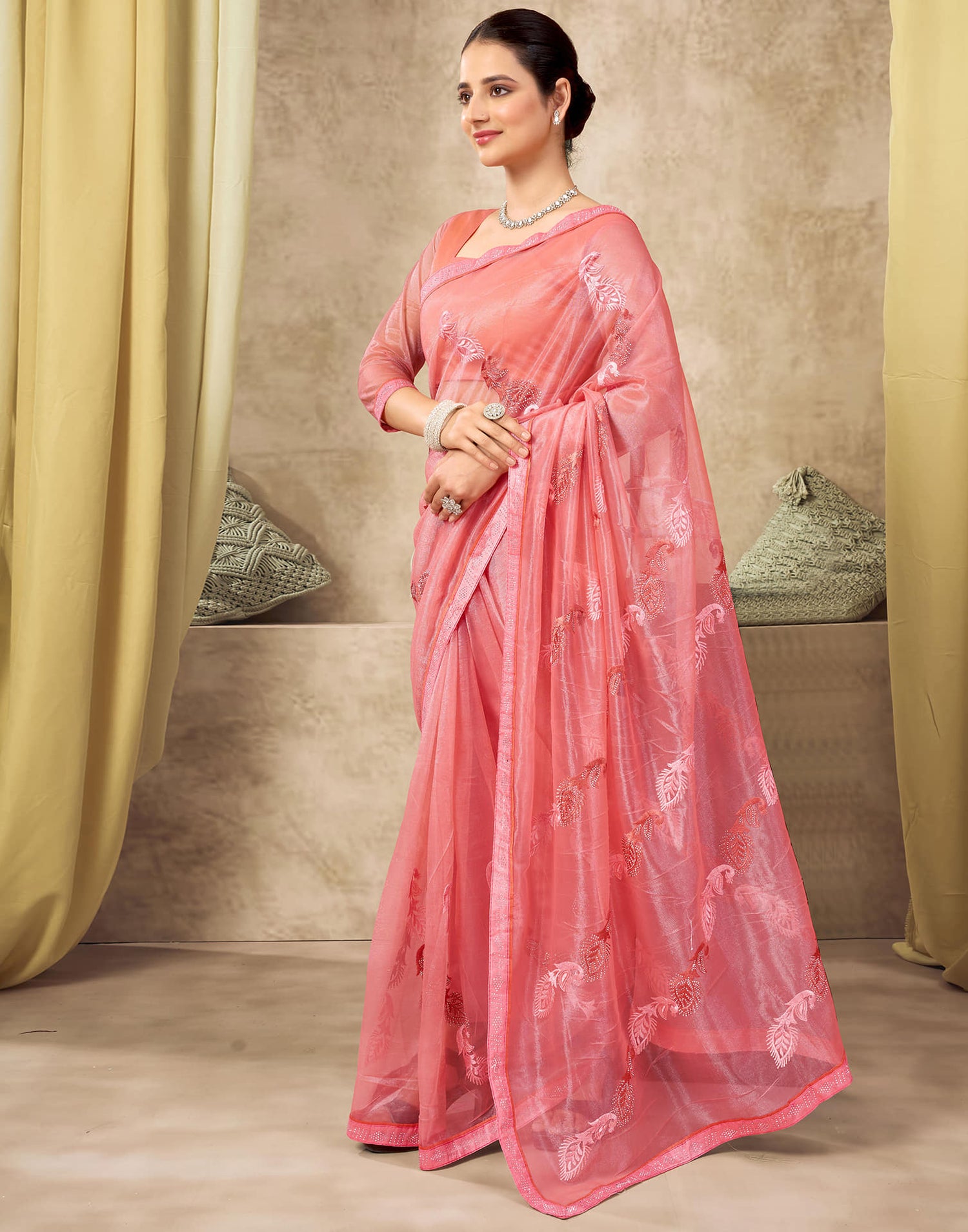 Light Peach Shimmer Stone Work Embroidery Saree