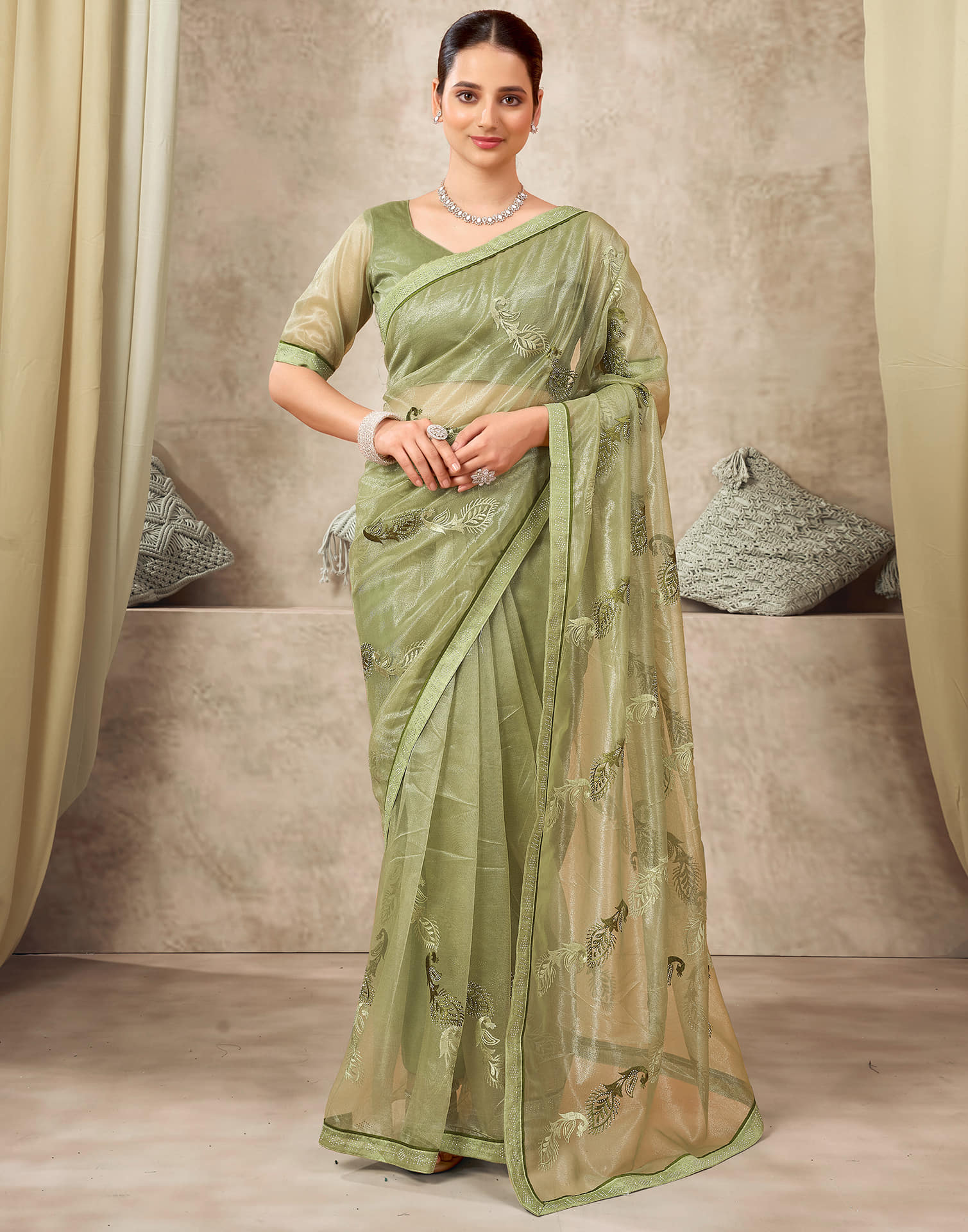 Light Green Shimmer Stone Work Embroidery Saree