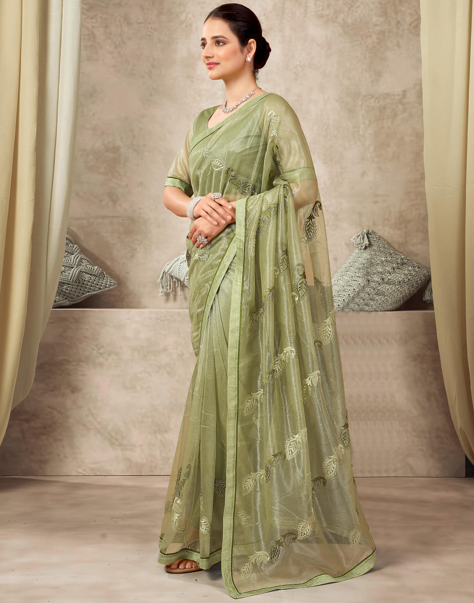 Light Green Shimmer Stone Work Embroidery Saree