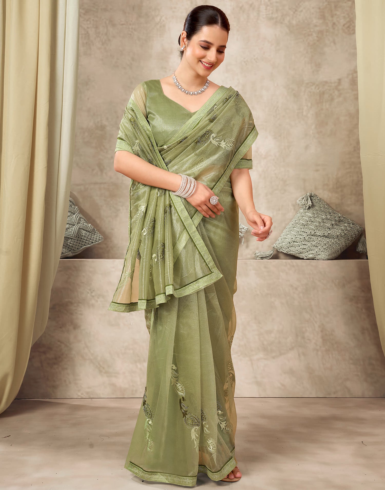 Light Green Shimmer Stone Work Embroidery Saree