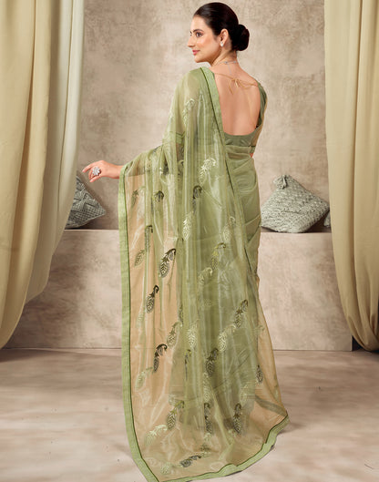 Light Green Shimmer Stone Work Embroidery Saree