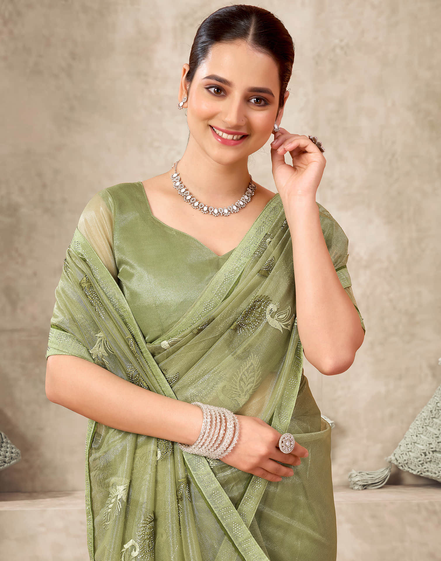 Light Green Shimmer Stone Work Embroidery Saree