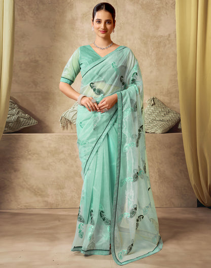 Turquoise Shimmer Stone Work Embroidery Saree