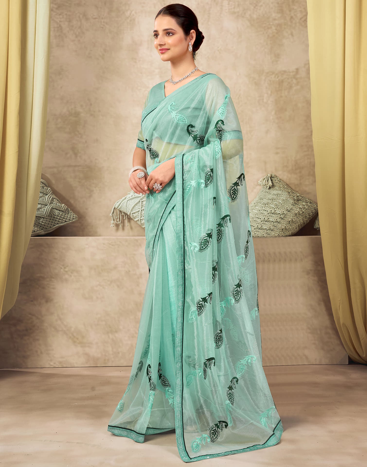 Turquoise Shimmer Stone Work Embroidery Saree