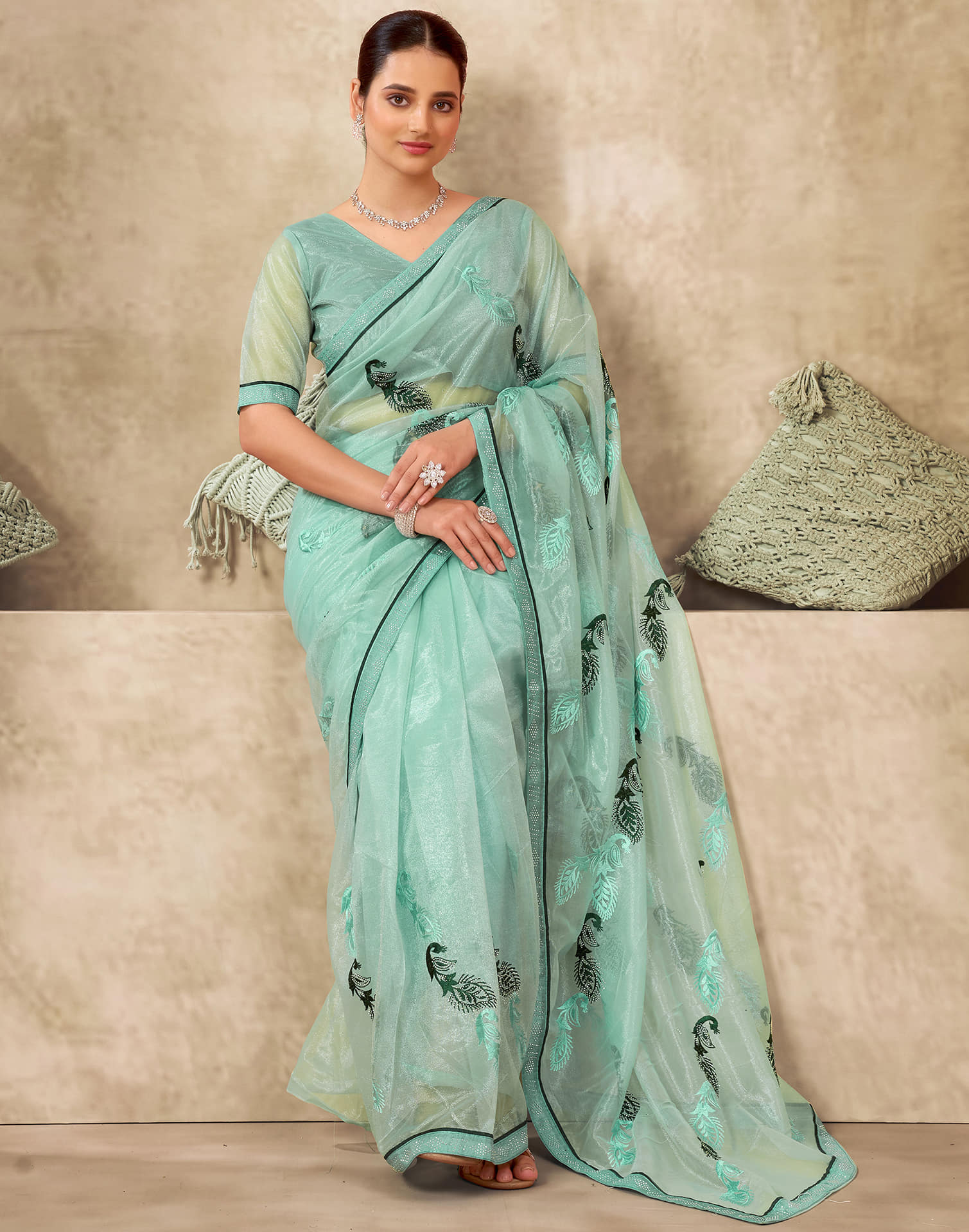 Turquoise Shimmer Stone Work Embroidery Saree