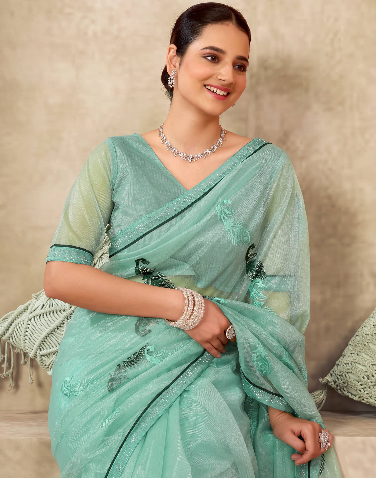 Turquoise Shimmer Stone Work Embroidery Saree