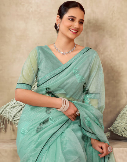 Turquoise Shimmer Stone Work Embroidery Saree