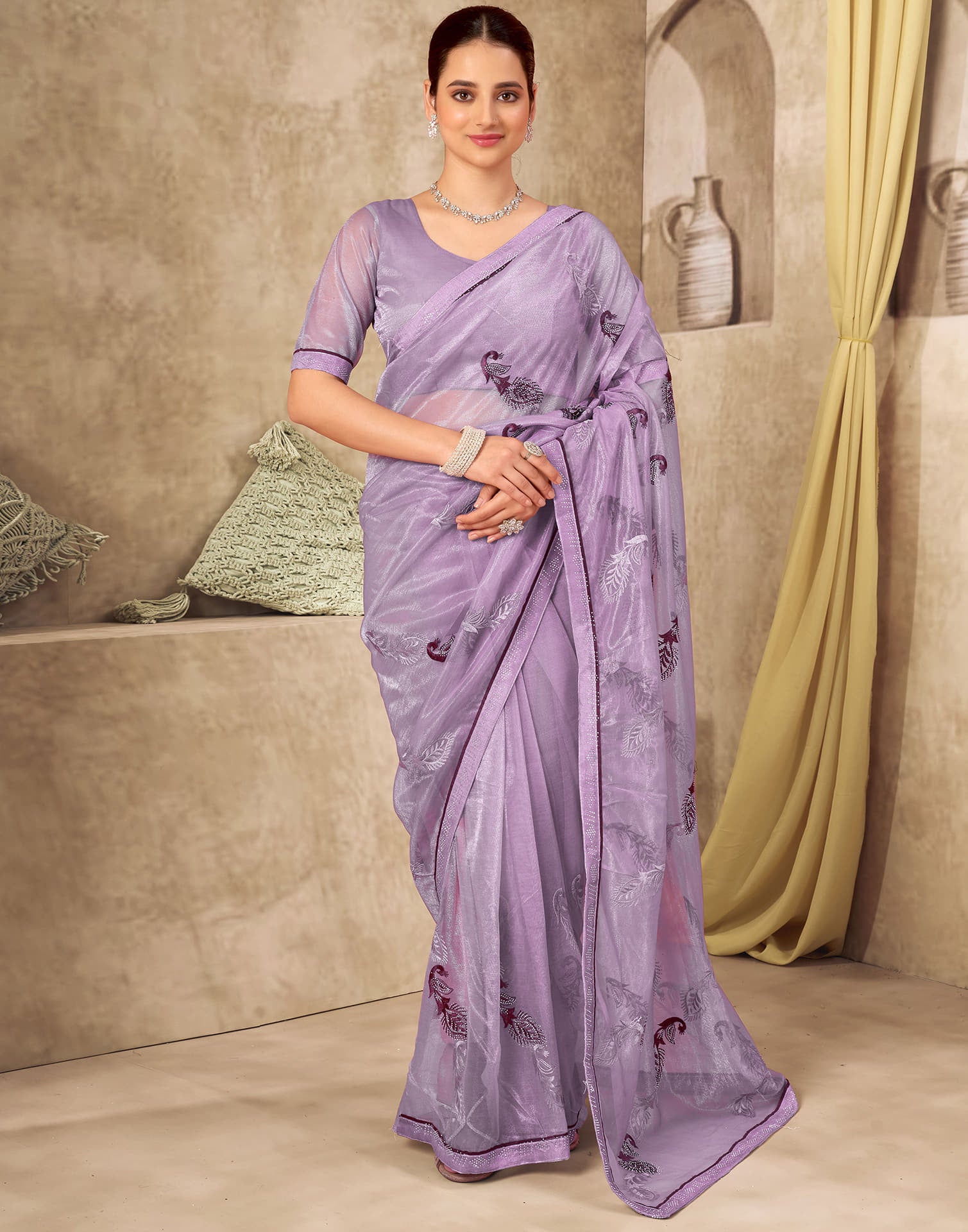 Light Purple Shimmer Stone Work Embroidery Saree