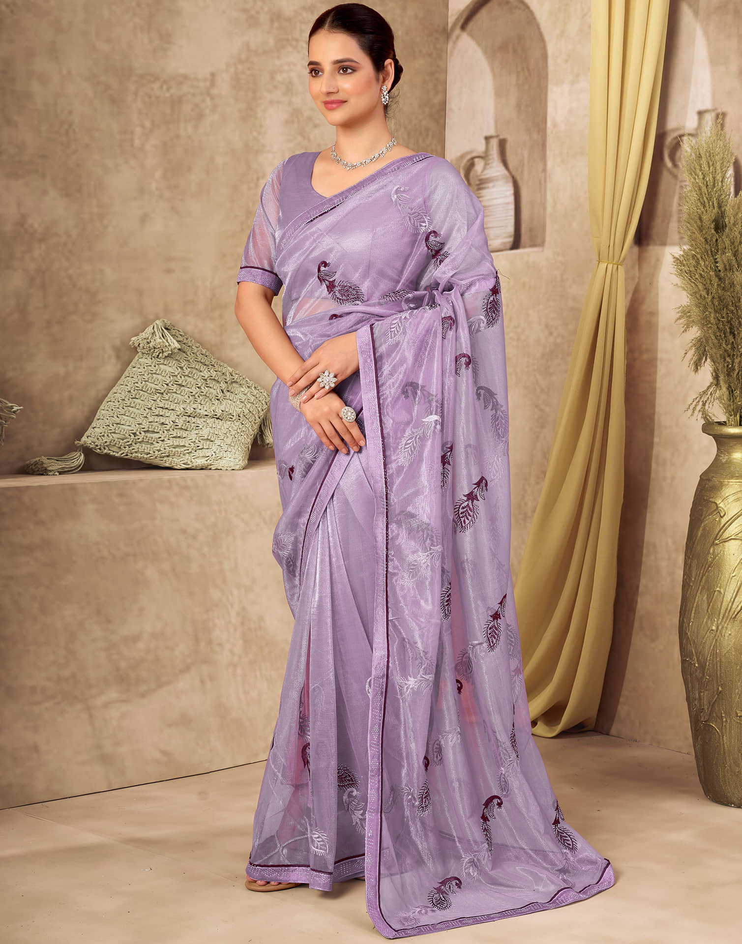 Light Purple Shimmer Stone Work Embroidery Saree