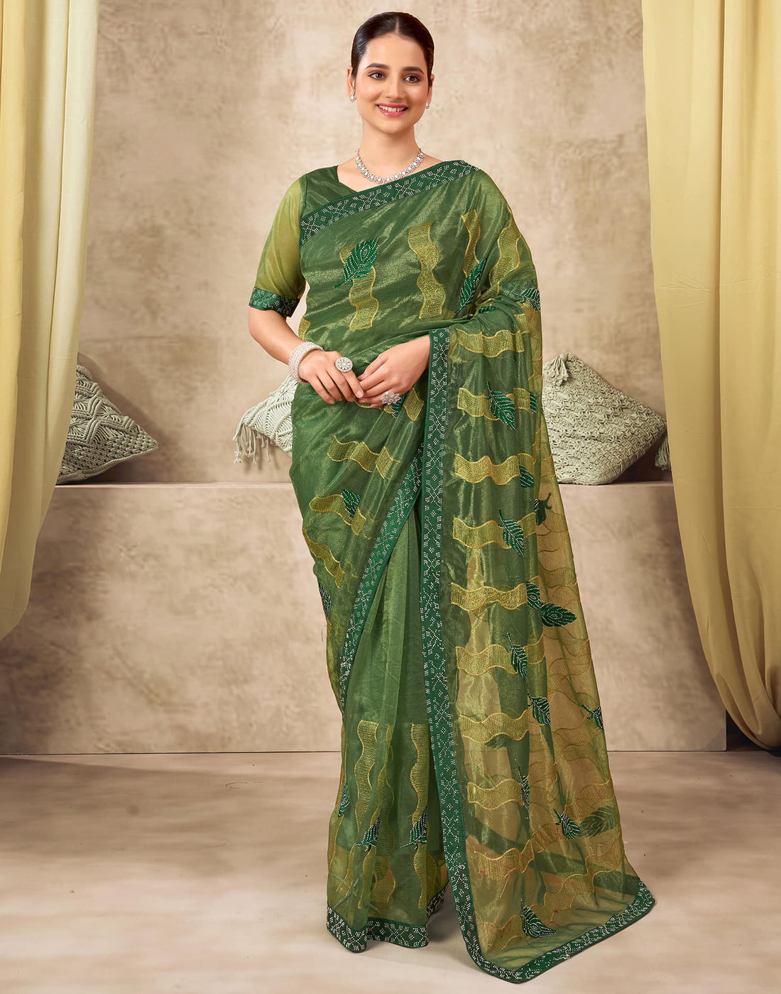 Dark Green Shimmer Stone Work Embroidery Saree