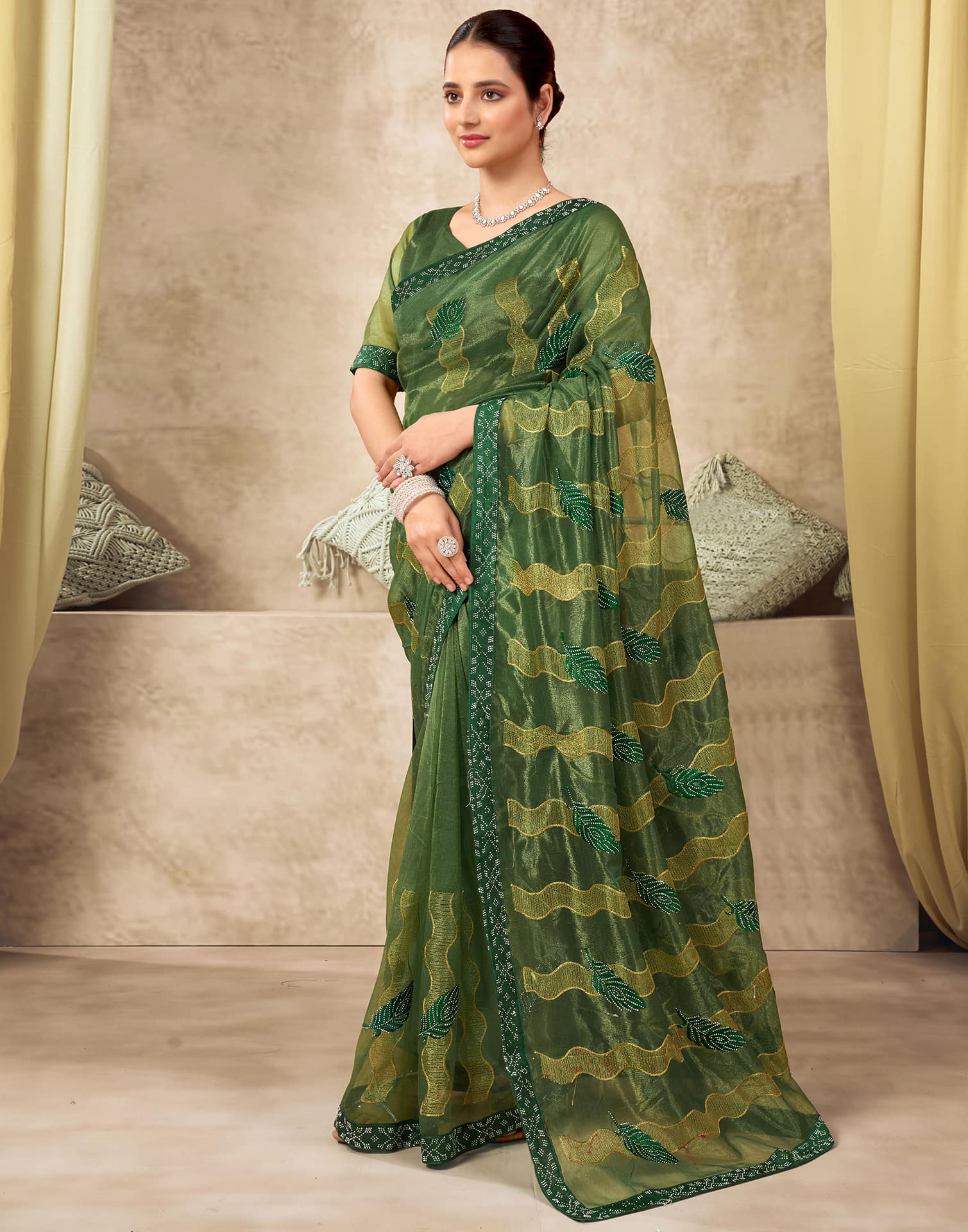 Dark Green Shimmer Stone Work Embroidery Saree