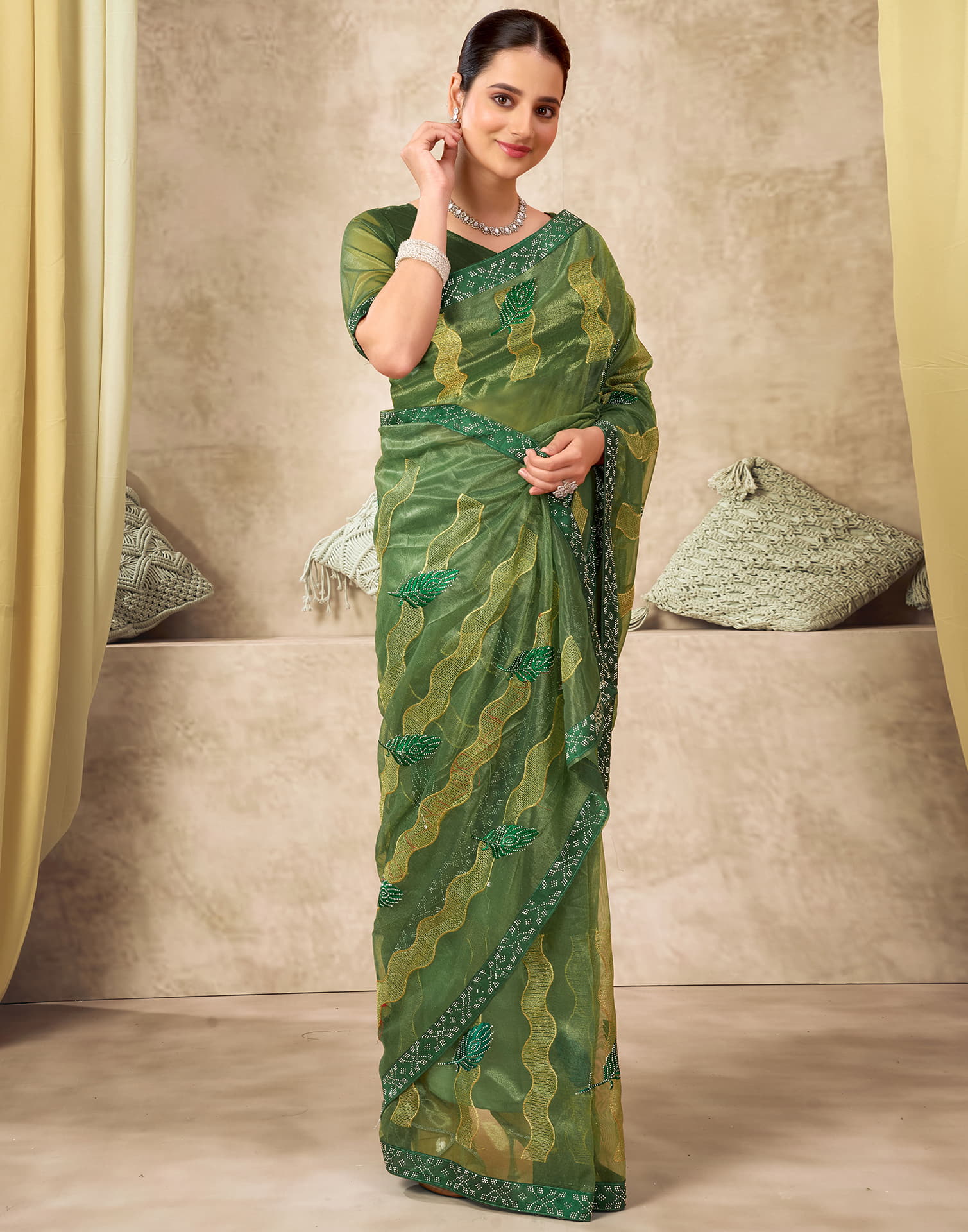 Dark Green Shimmer Stone Work Embroidery Saree