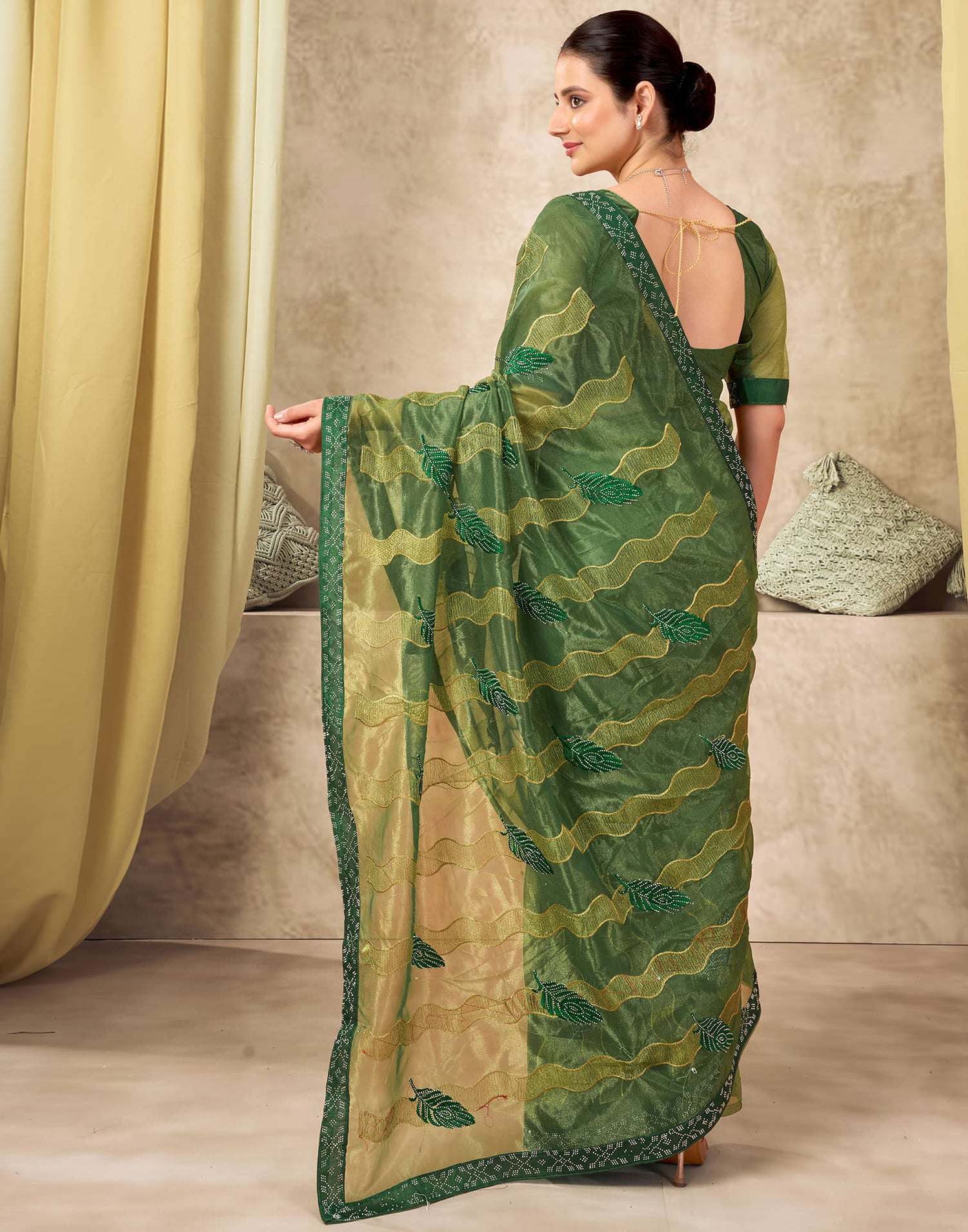 Dark Green Shimmer Stone Work Embroidery Saree