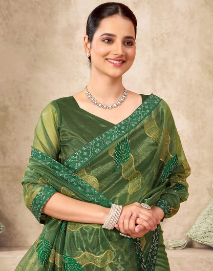 Dark Green Shimmer Stone Work Embroidery Saree