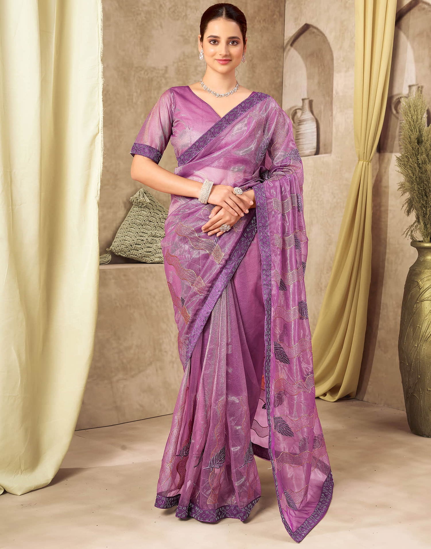 Purple Shimmer Stone Work Embroidery Saree