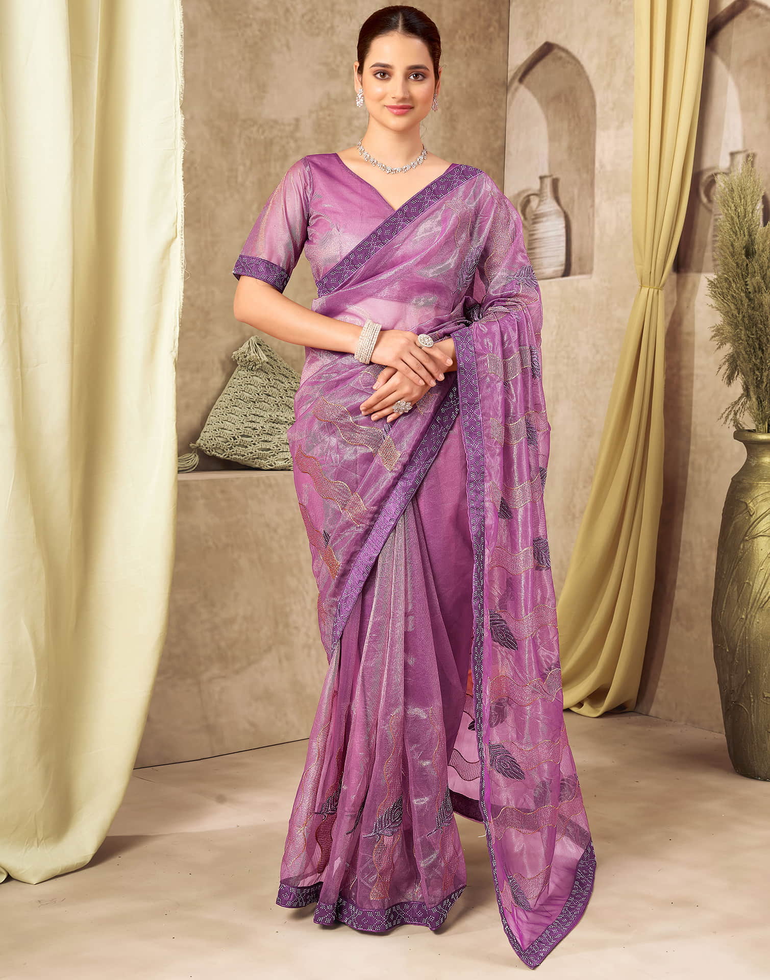 Purple Shimmer Stone Work Embroidery Saree