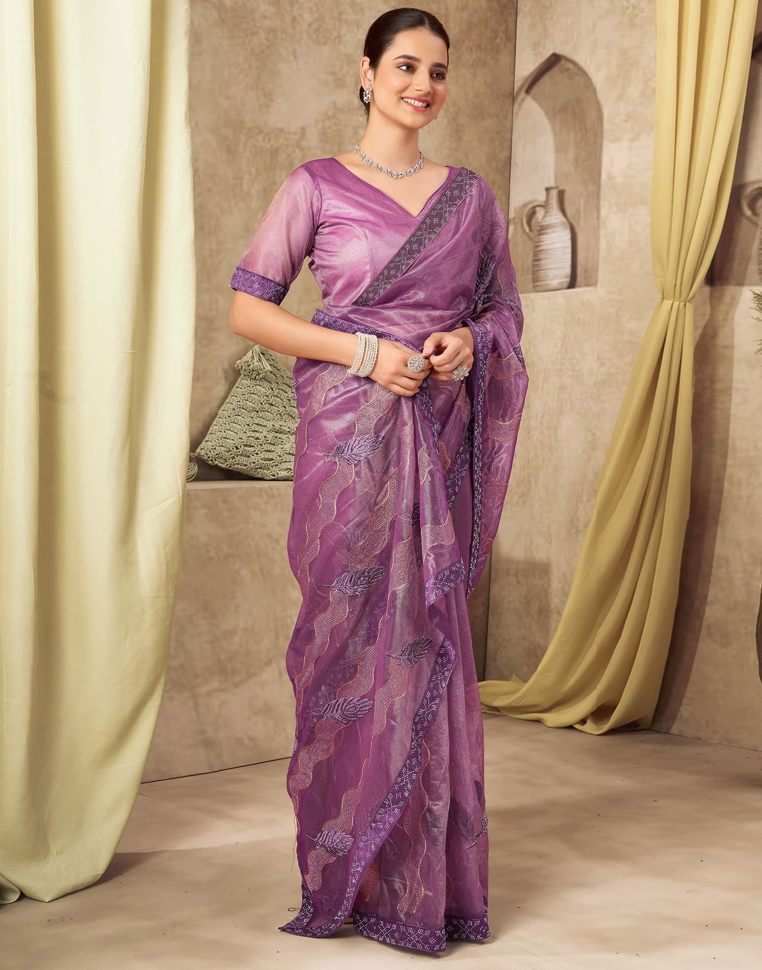 Purple Shimmer Stone Work Embroidery Saree