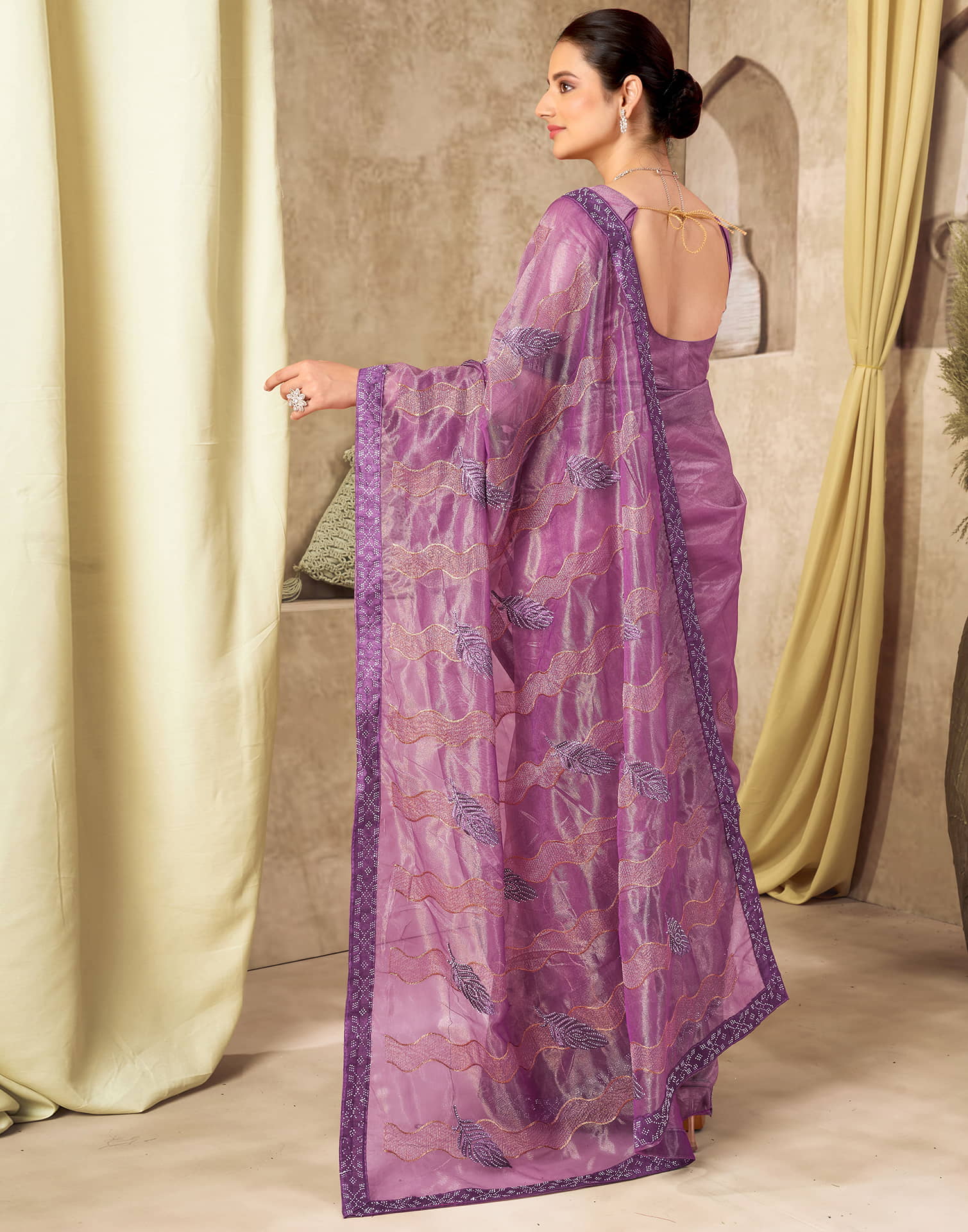 Purple Shimmer Stone Work Embroidery Saree