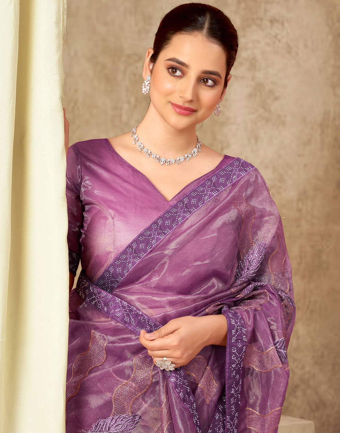 Purple Shimmer Stone Work Embroidery Saree