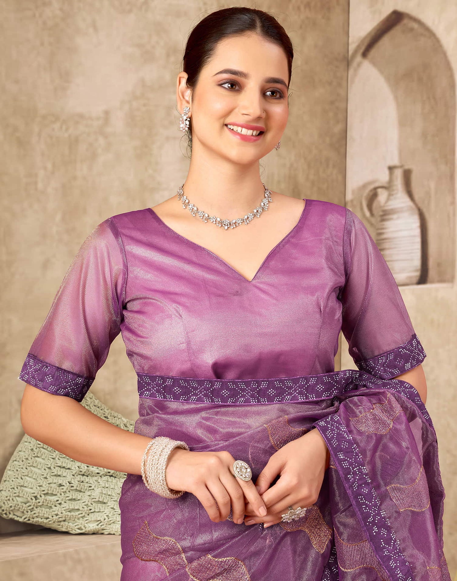 Purple Shimmer Stone Work Embroidery Saree