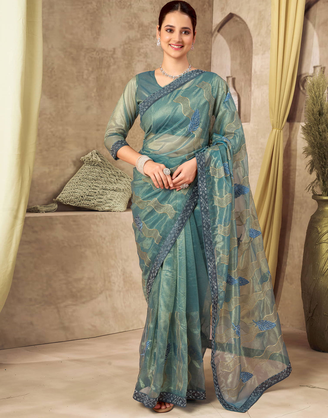 Rama Blue Shimmer Stone Work Embroidery Saree