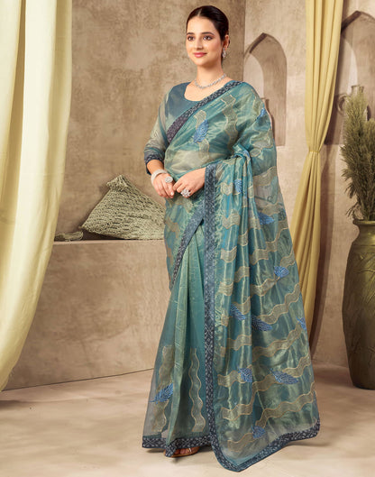 Rama Blue Shimmer Stone Work Embroidery Saree