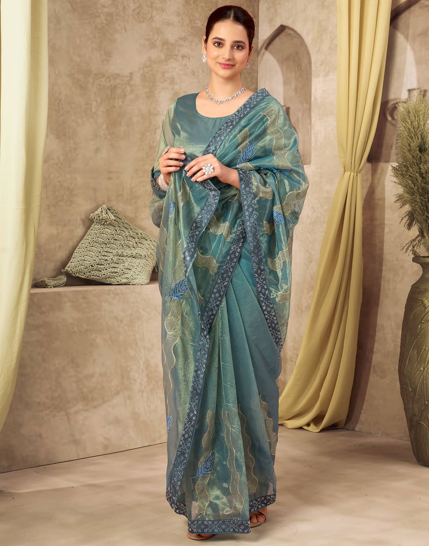 Rama Blue Shimmer Stone Work Embroidery Saree