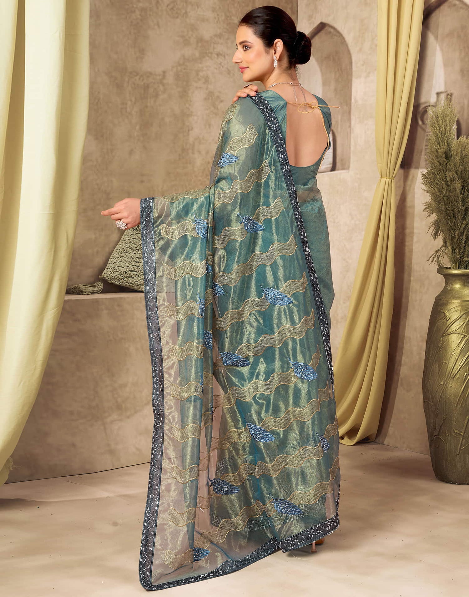 Rama Blue Shimmer Stone Work Embroidery Saree