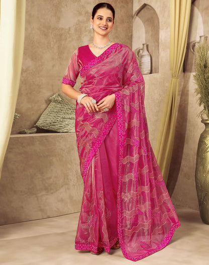 Rani Pink Shimmer Stone Work Embroidery Saree