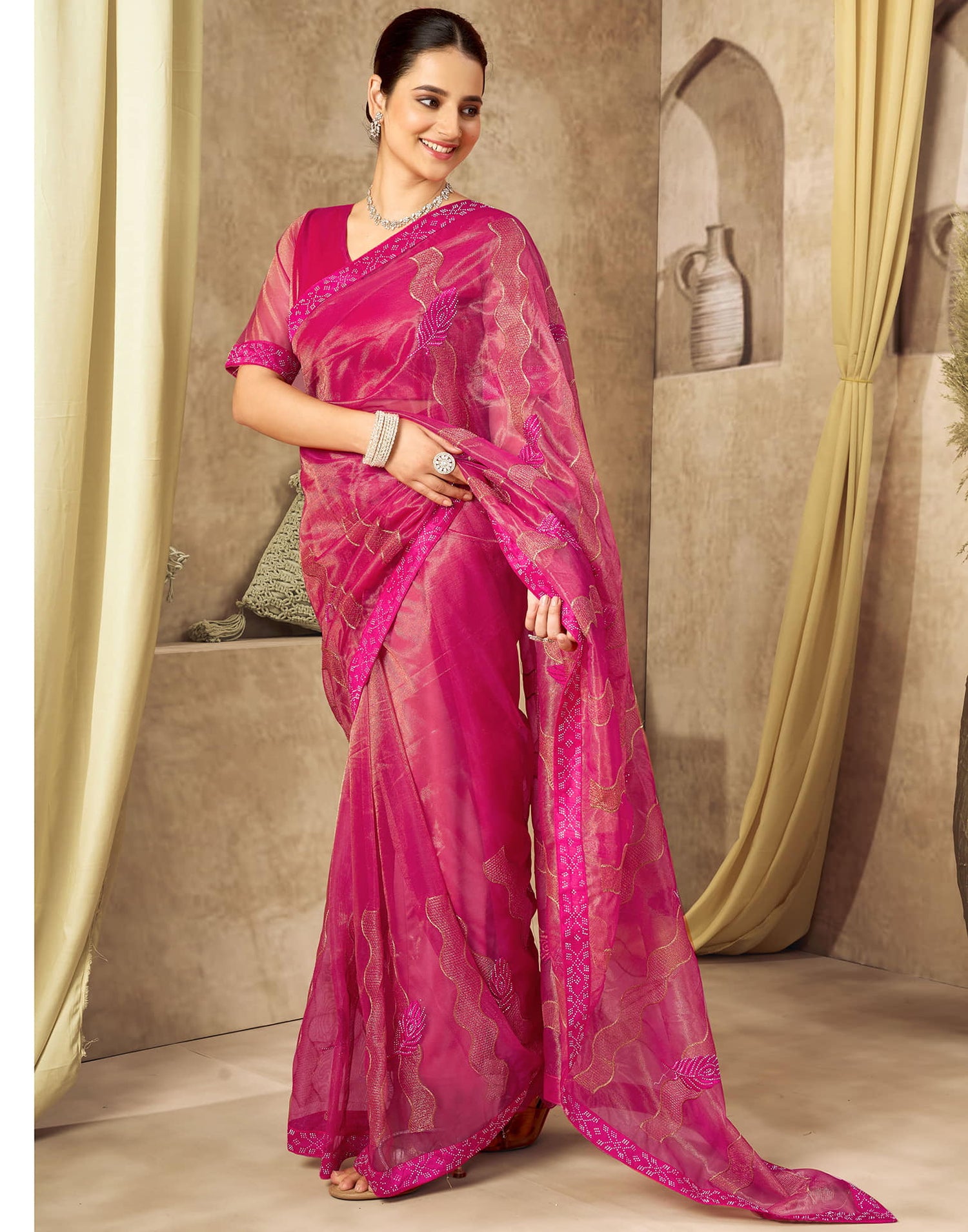 Rani Pink Shimmer Stone Work Embroidery Saree