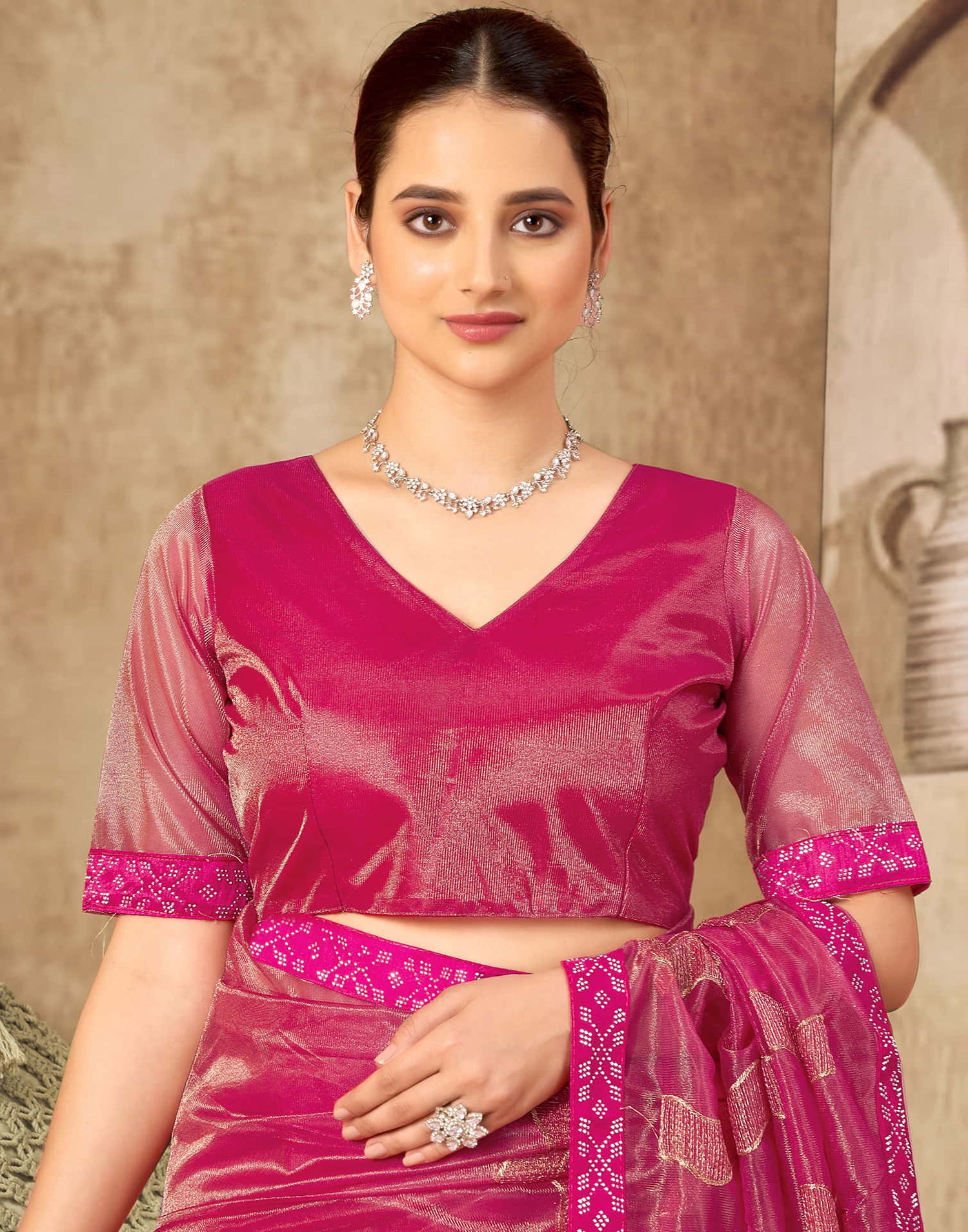 Rani Pink Shimmer Stone Work Embroidery Saree