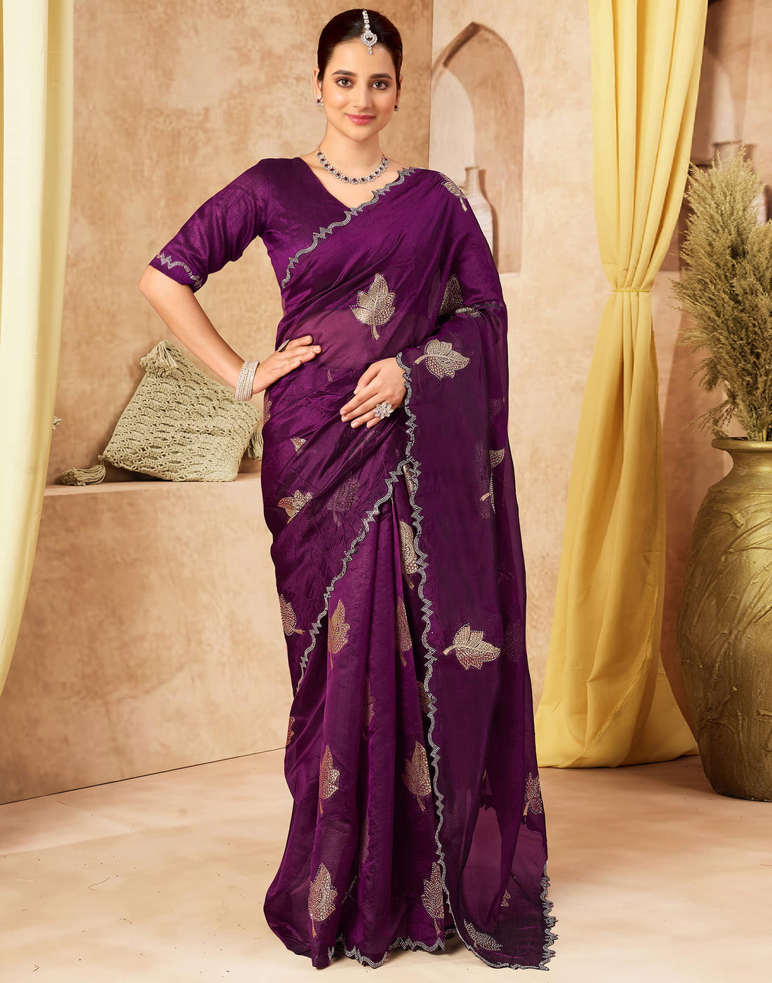 Wine Silk Woven Embroidery Saree