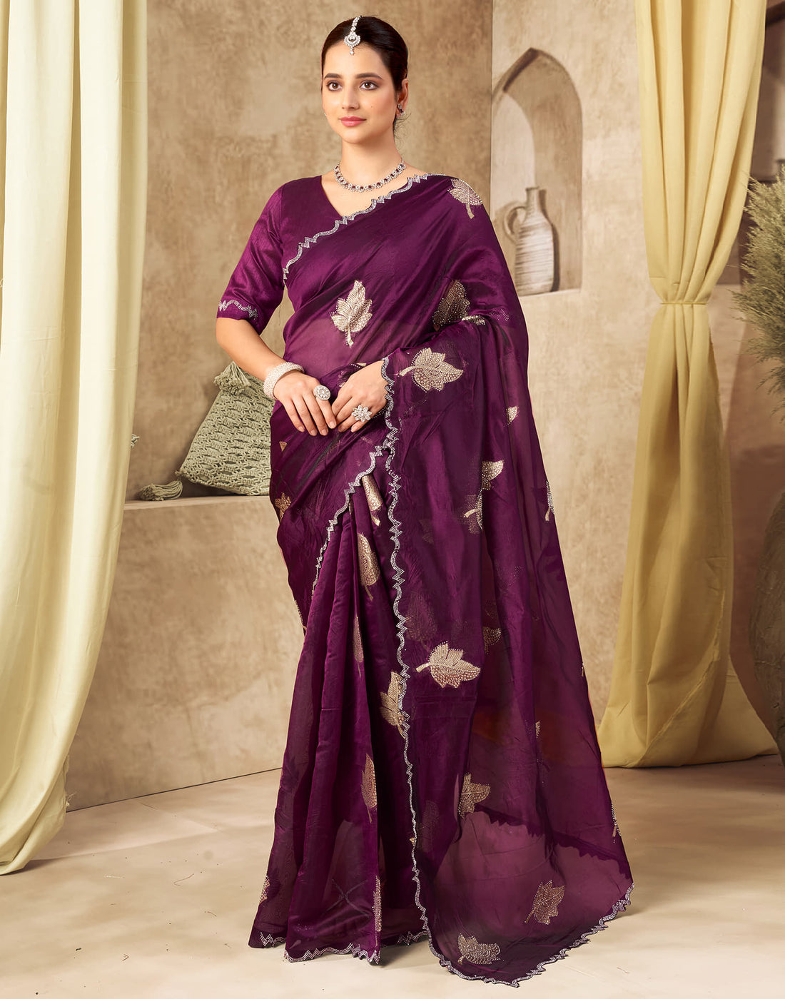 Wine Silk Woven Embroidery Saree