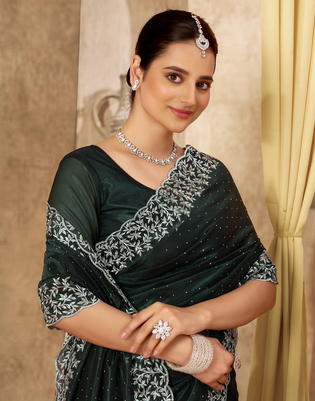 Dark Green Shimmer Embroidery Saree